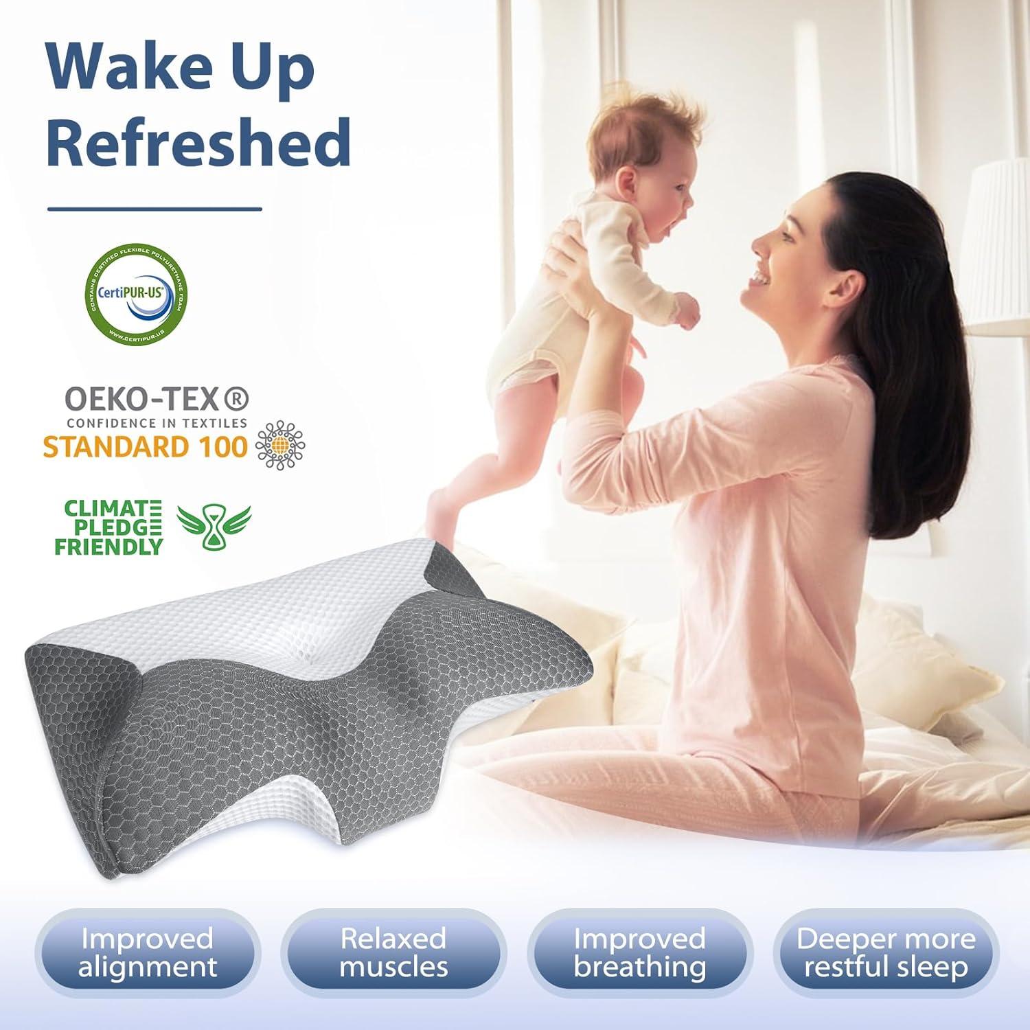 imageHOMCA Cervical Pillow Ergonomic Memory Foam Pillow for Neck and Shoulder Pain Relief with Cooling Ice Silk Pillowcase Orthopedic Neck Bed Pillow for Side Back and Stomach SleepersGrey