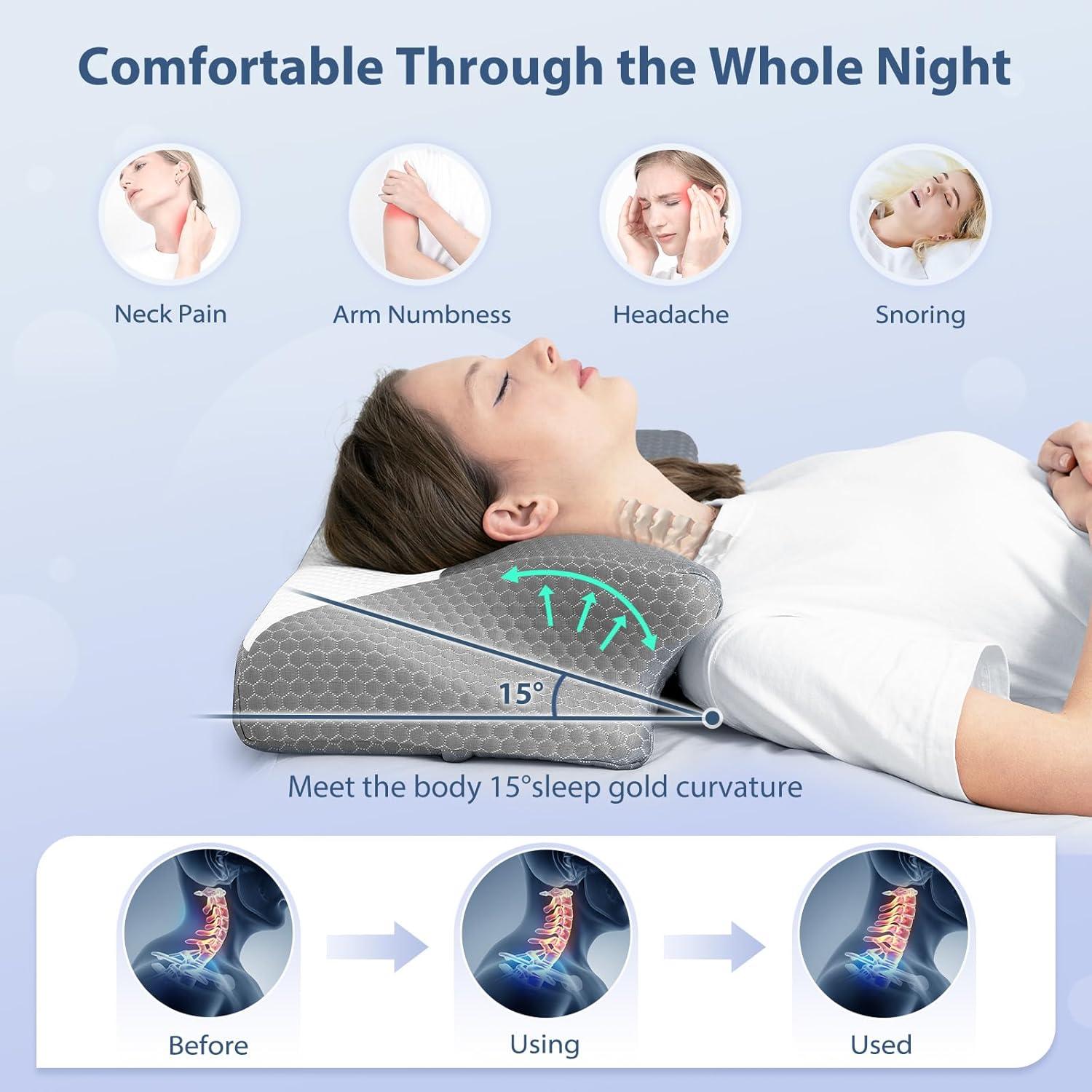 imageHOMCA Cervical Pillow Ergonomic Memory Foam Pillow for Neck and Shoulder Pain Relief with Cooling Ice Silk Pillowcase Orthopedic Neck Bed Pillow for Side Back and Stomach SleepersGrey