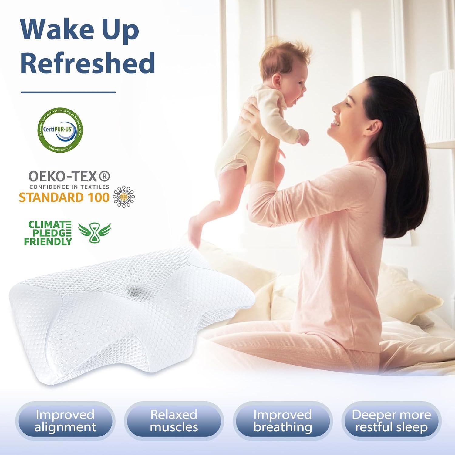 imageHOMCA Cervical Pillow Ergonomic Memory Foam Pillow for Neck and Shoulder Pain Relief with Cooling Ice Silk Pillowcase Orthopedic Neck Bed Pillow for Side Back and Stomach SleepersWhite