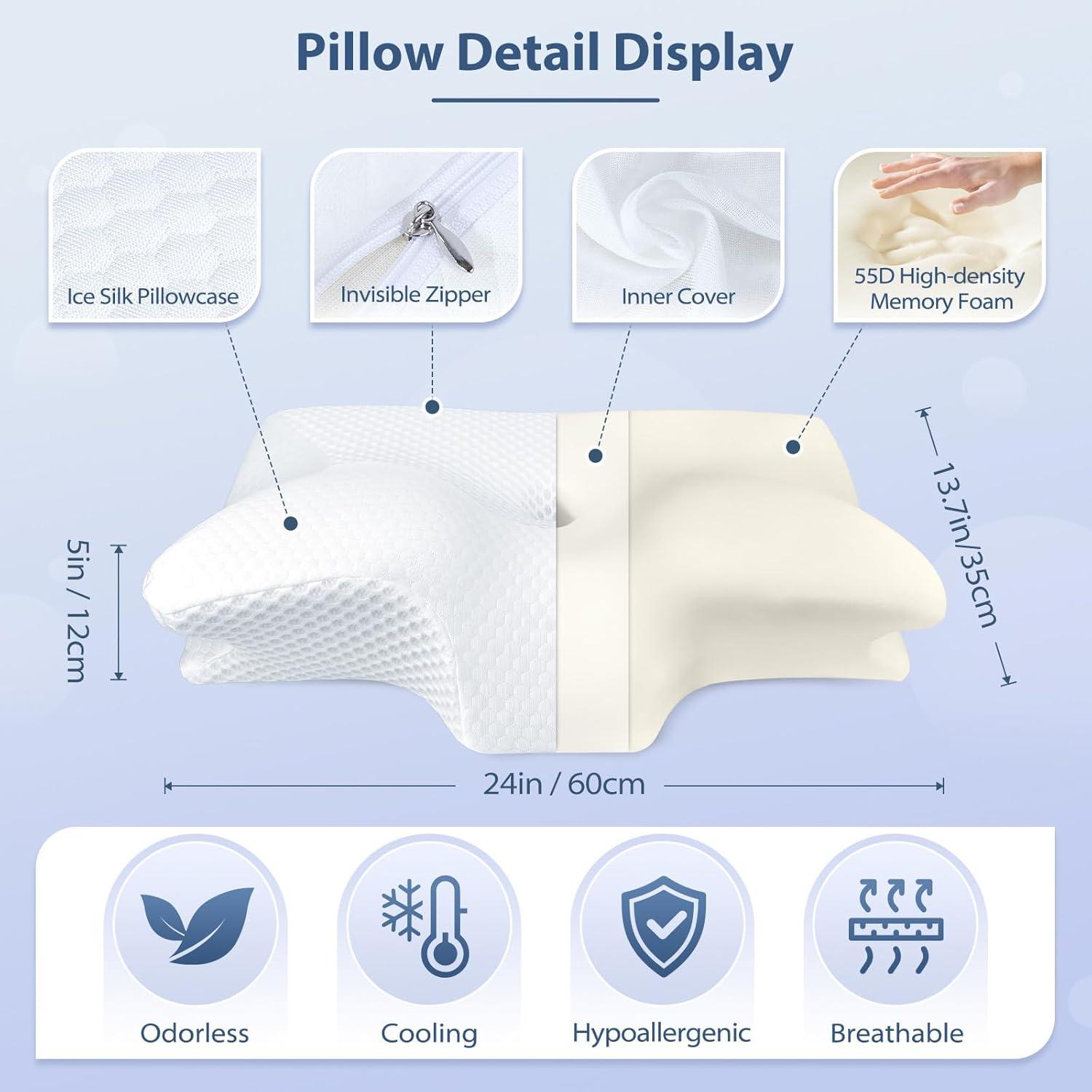 imageHOMCA Cervical Pillow Ergonomic Memory Foam Pillow for Neck and Shoulder Pain Relief with Cooling Ice Silk Pillowcase Orthopedic Neck Bed Pillow for Side Back and Stomach SleepersWhite