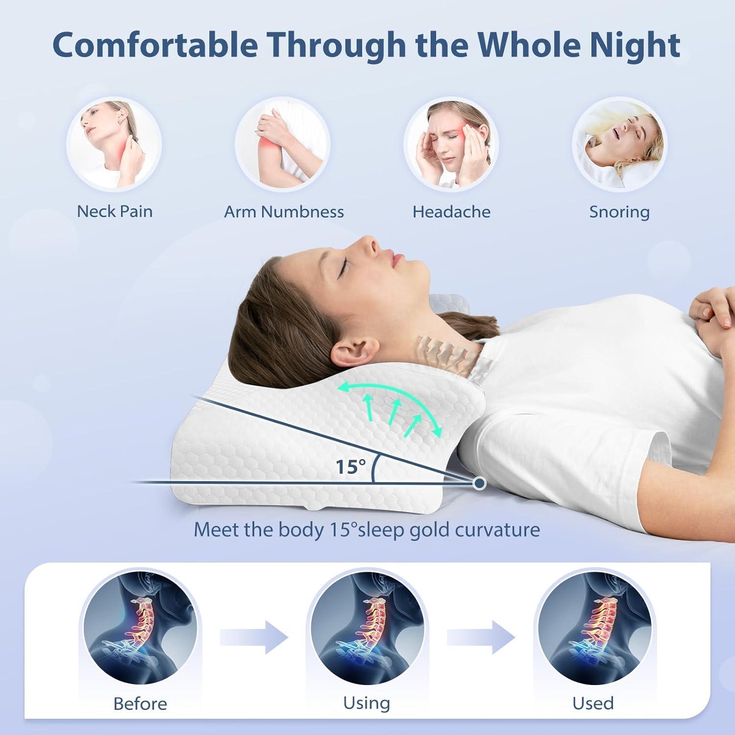 imageHOMCA Cervical Pillow Ergonomic Memory Foam Pillow for Neck and Shoulder Pain Relief with Cooling Ice Silk Pillowcase Orthopedic Neck Bed Pillow for Side Back and Stomach SleepersWhite
