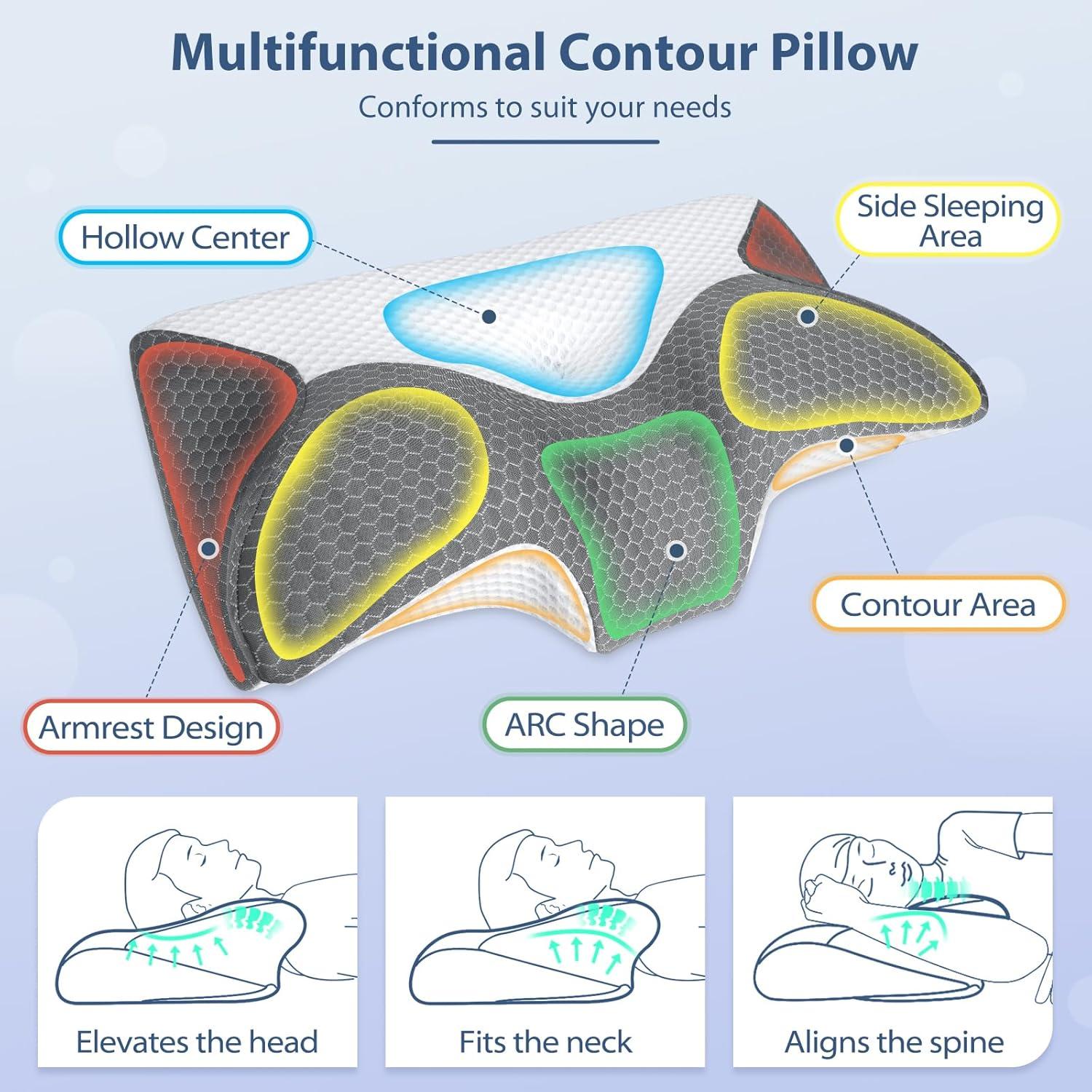 imageHOMCA Cervical Pillow Ergonomic Memory Foam Pillow for Neck and Shoulder Pain Relief with Cooling Ice Silk Pillowcase Orthopedic Neck Bed Pillow for Side Back and Stomach SleepersGrey