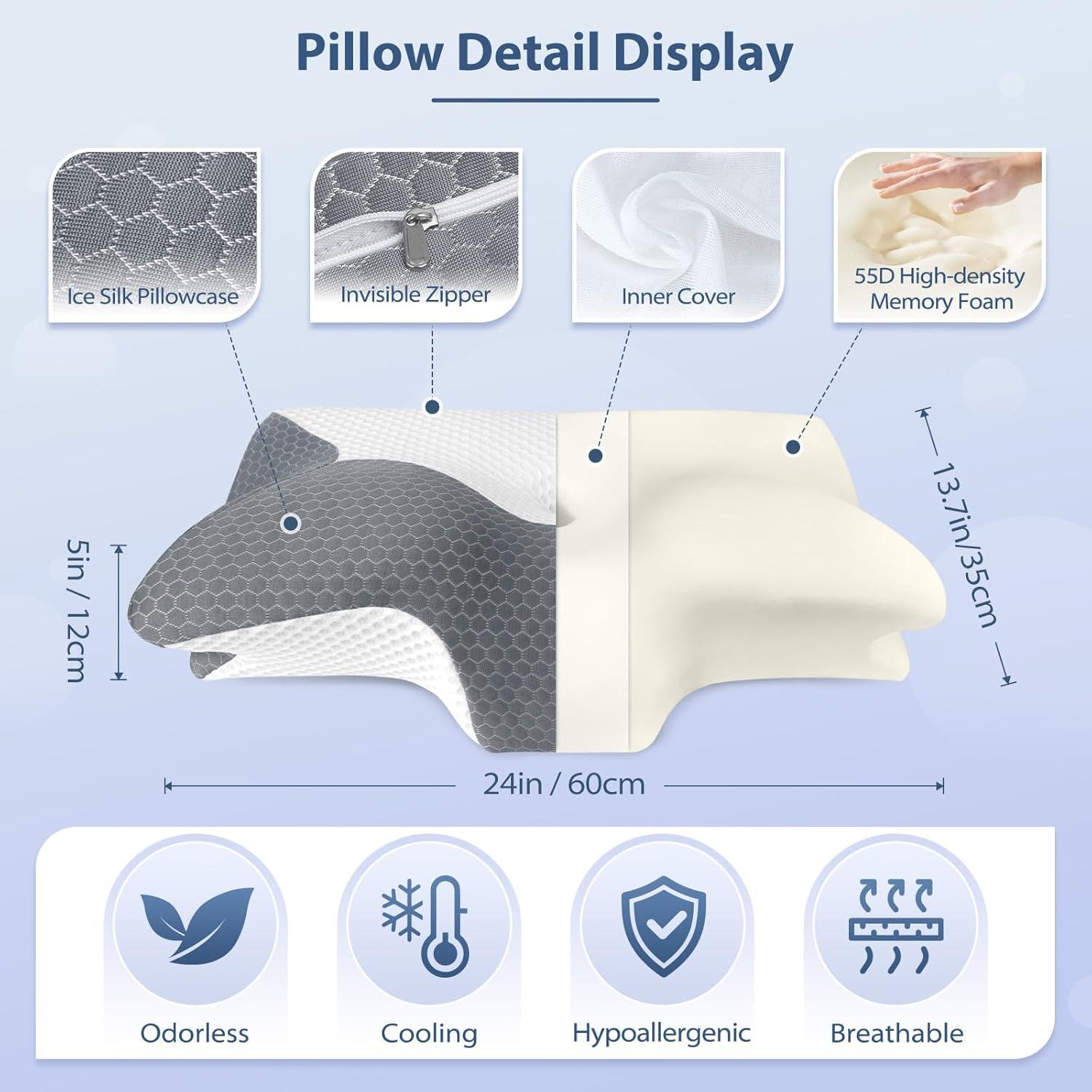 imageHOMCA Cervical Pillow Ergonomic Memory Foam Pillow for Neck and Shoulder Pain Relief with Cooling Ice Silk Pillowcase Orthopedic Neck Bed Pillow for Side Back and Stomach SleepersGrey