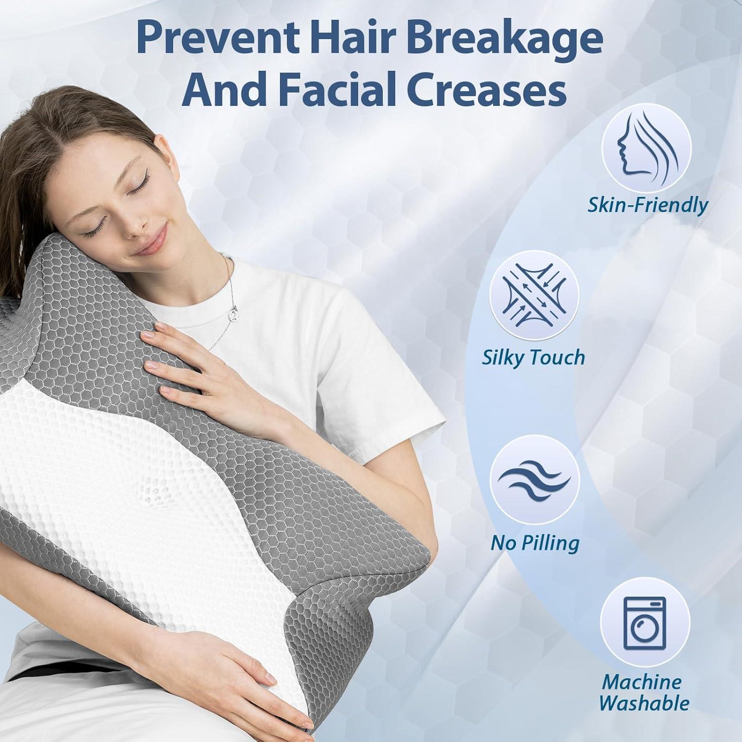 imageHOMCA Cervical Pillow Ergonomic Memory Foam Pillow for Neck and Shoulder Pain Relief with Cooling Ice Silk Pillowcase Orthopedic Neck Bed Pillow for Side Back and Stomach SleepersGrey