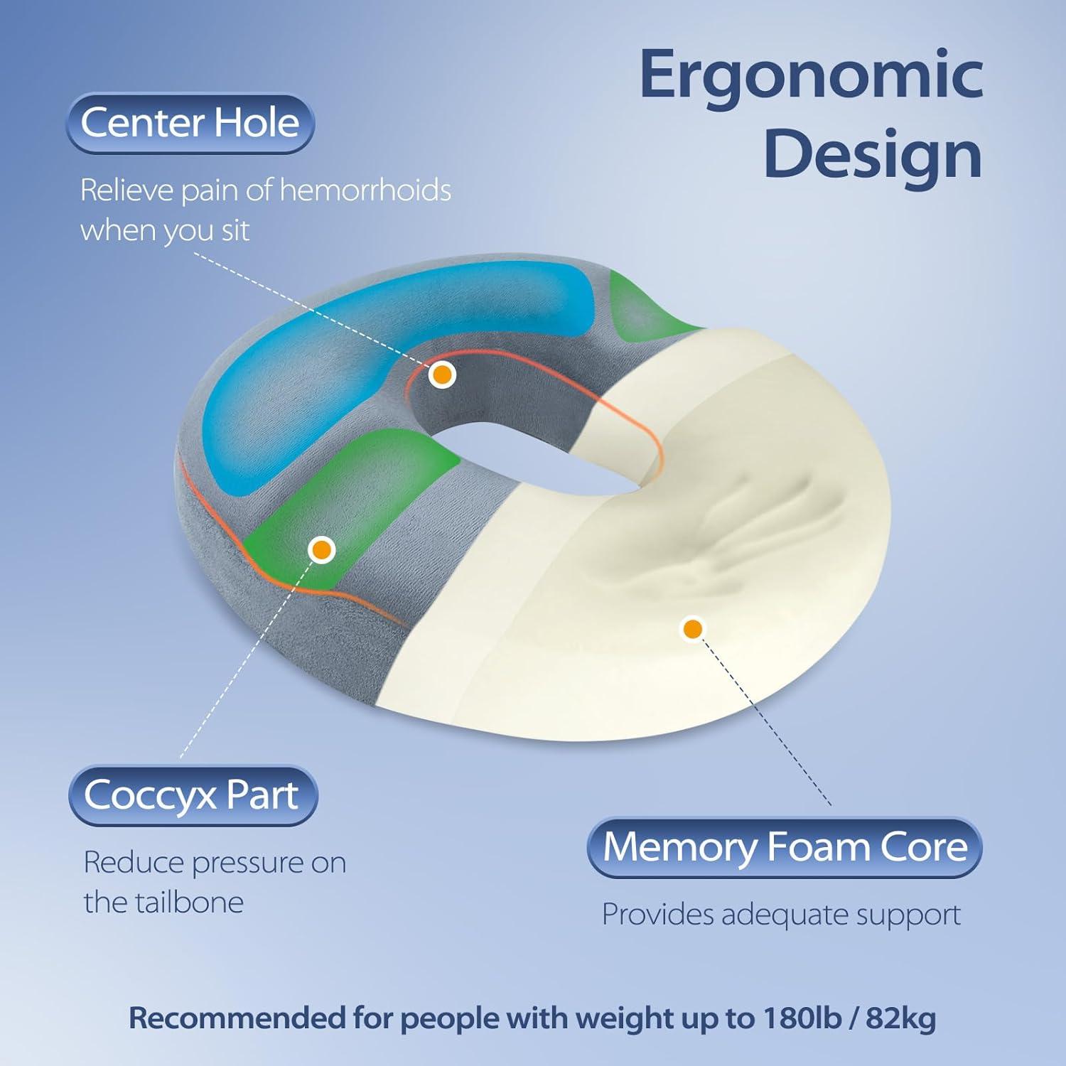 imageHOMCA Donut Pillow for Tailbone Pain Hemorrhoid Pillows for Sitting After Surgery Memory Foam Coccyx Cushion for Postpartum Pregnancy Car Seat Office Chair Cushion for Pressure ReliefGrey