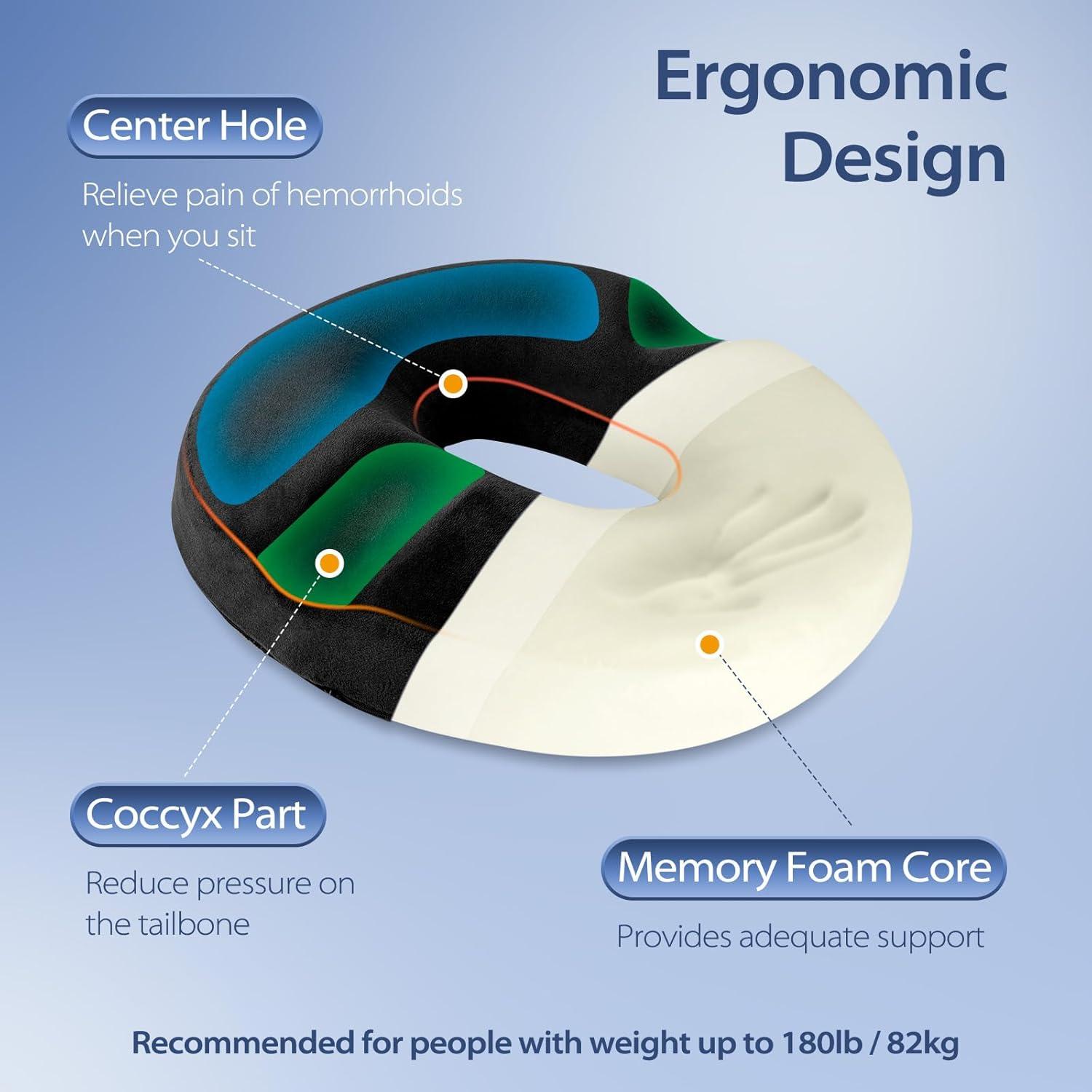 imageHOMCA Donut Pillow for Tailbone Pain Hemorrhoid Pillows for Sitting After Surgery Memory Foam Coccyx Cushion for Postpartum Pregnancy Car Seat Office Chair Cushion for Pressure ReliefBlack
