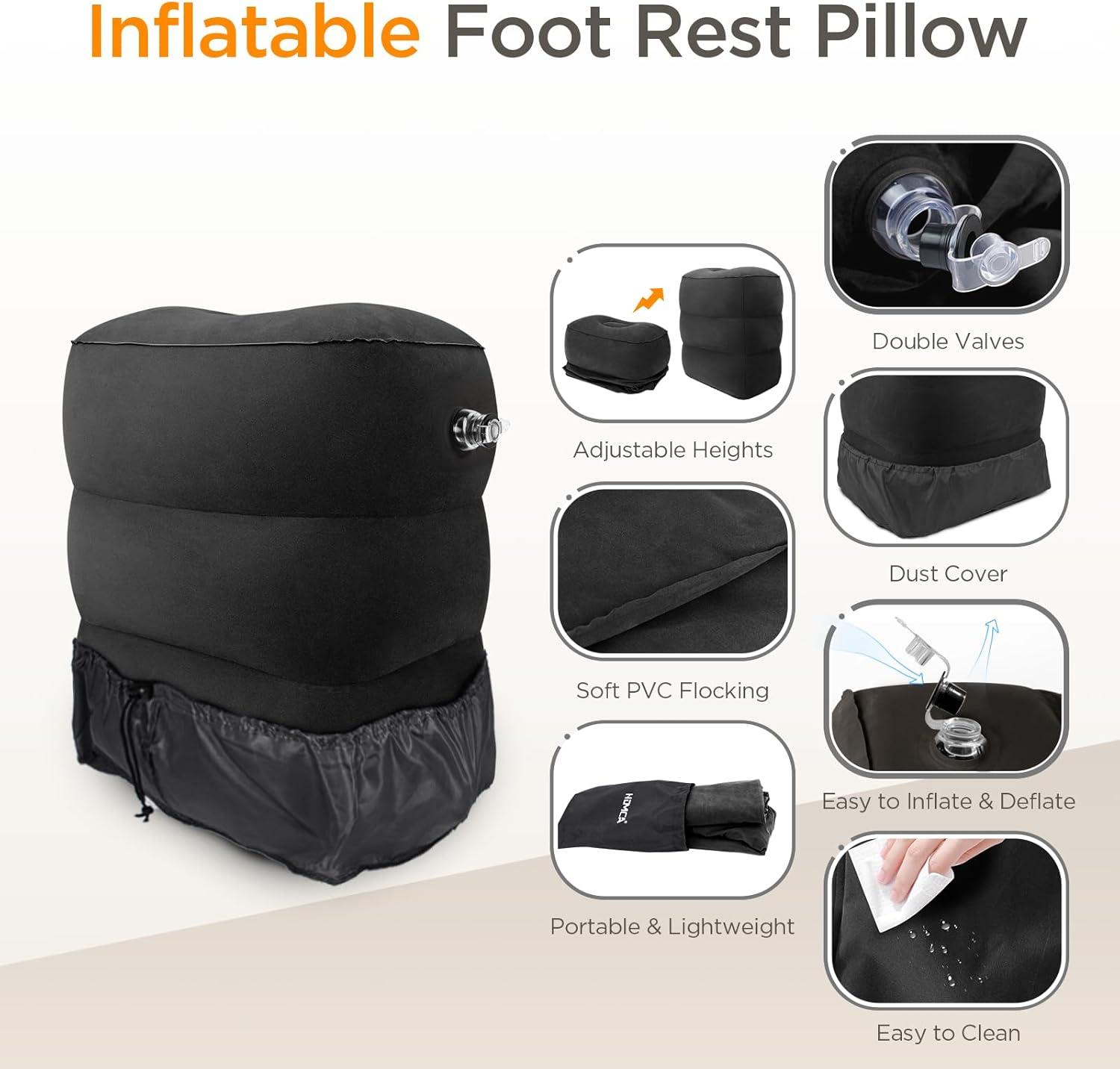 imageHOMCA Inflatable Travel Foot Rest Pillow Adjustable Height Leg PillowFast Inflating Airplane Bed for ToddlersFootrest Pillow for Office AirplaneTrainCarsHomeBlack