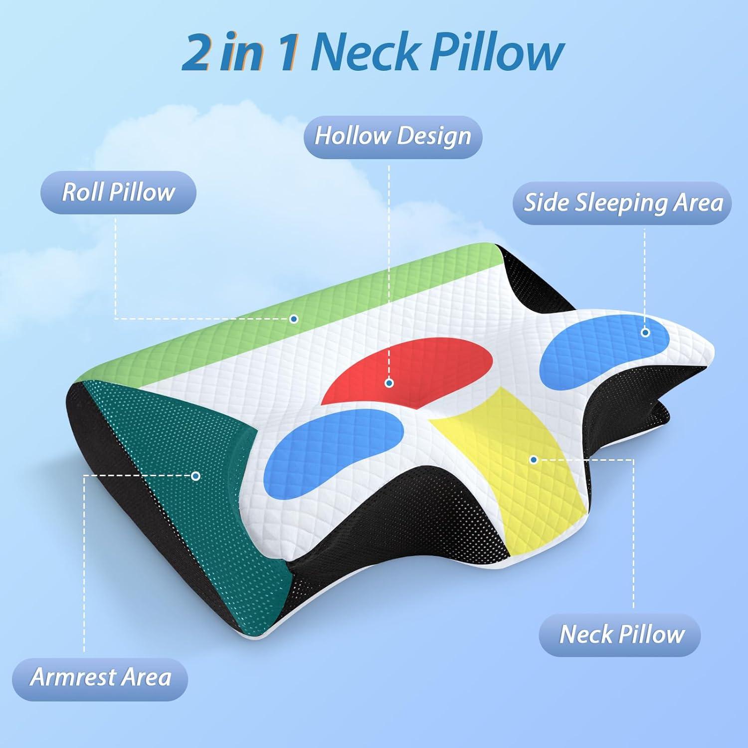 imageHOMCA Memory Foam Cervical Pillow 2 in 1 Ergonomic Contour Orthopedic Pillow for Neck Pain Contoured Support Pillows for Side Back Stomach SleepersBlack