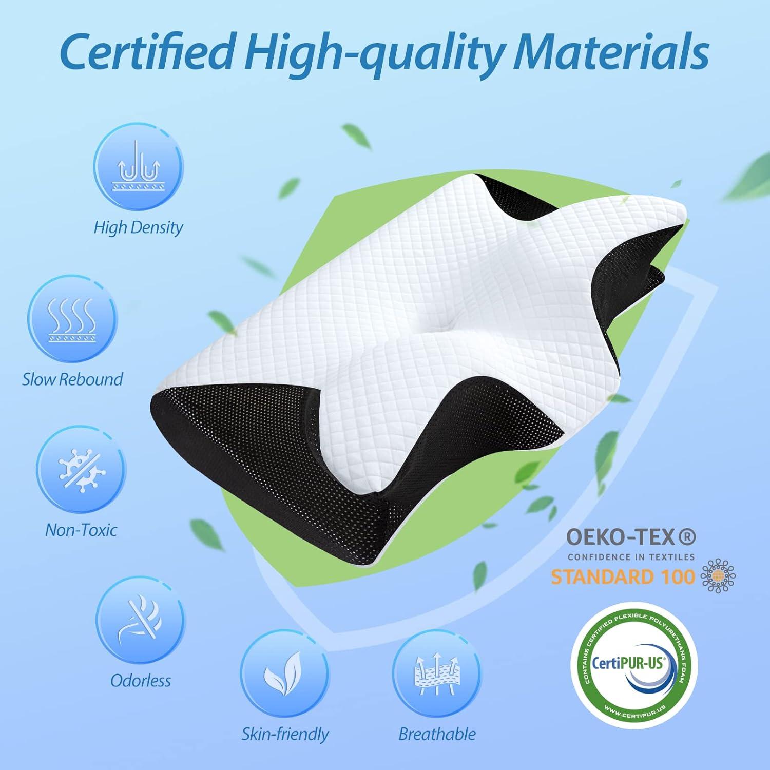imageHOMCA Memory Foam Cervical Pillow 2 in 1 Ergonomic Contour Orthopedic Pillow for Neck Pain Contoured Support Pillows for Side Back Stomach SleepersBlack