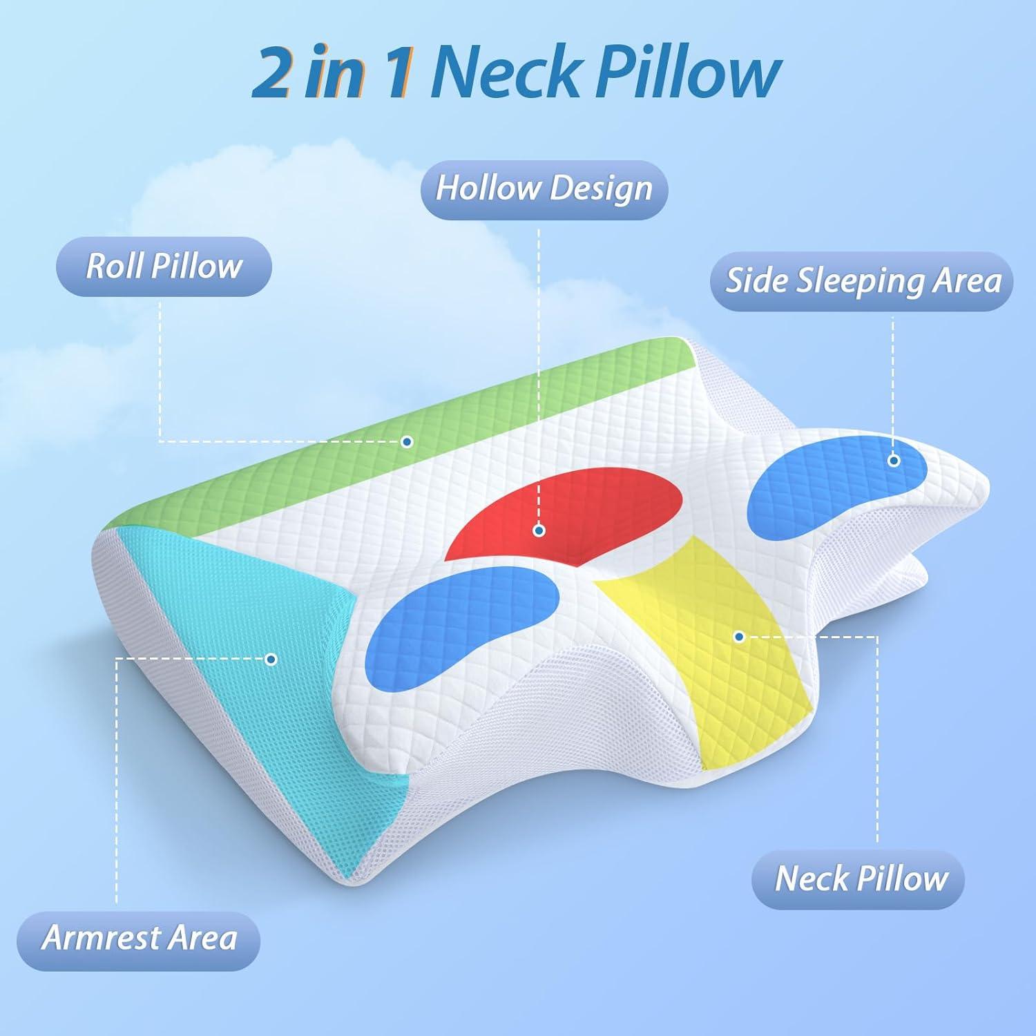 imageHOMCA Memory Foam Cervical Pillow 2 in 1 Ergonomic Contour Orthopedic Pillow for Neck Pain Contoured Support Pillows for Side Back Stomach SleepersWhite