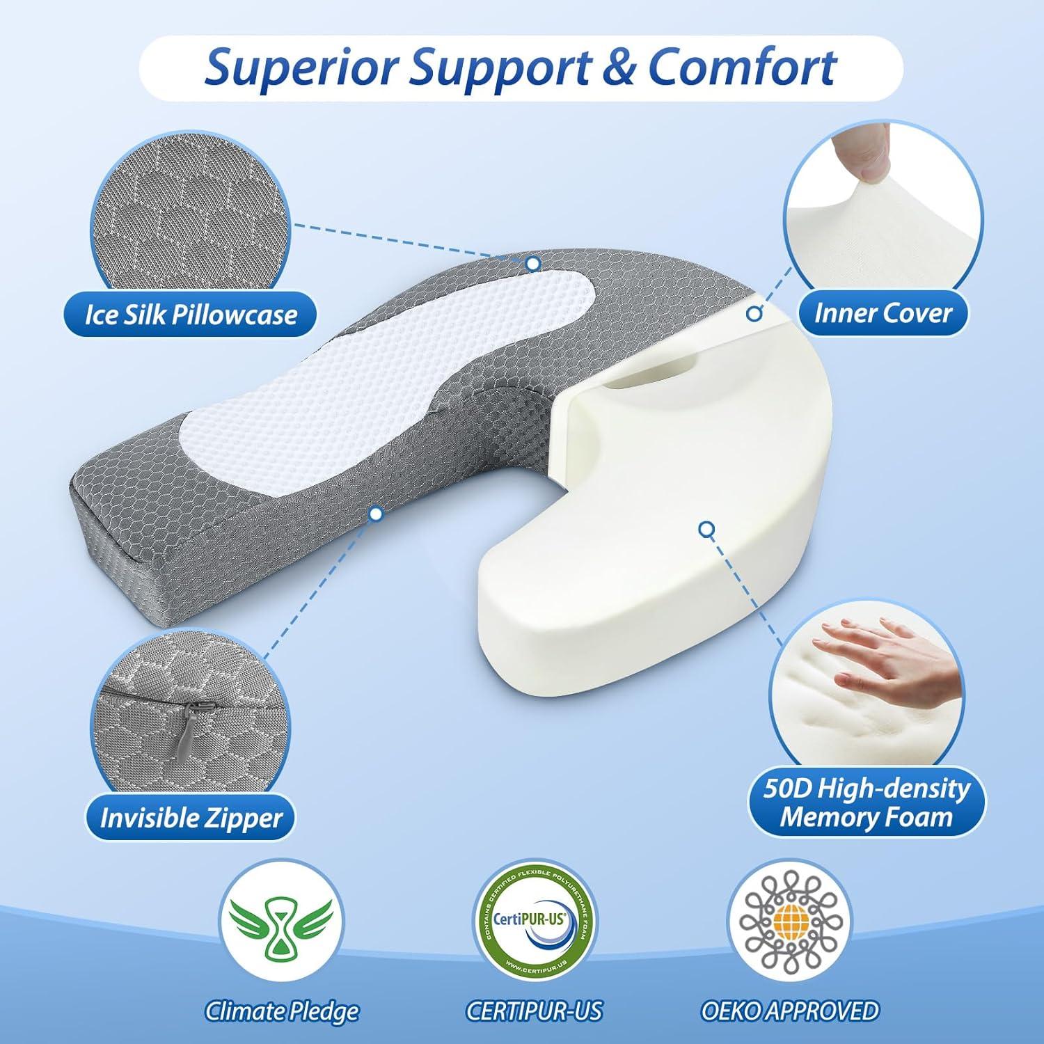 imageHOMCA Side Sleeper Pillows for Adults Memory Foam U Shaped Pillows for Neck and Shoulder Pain Relief Ergonomic Shoulder Pillow for Side Sleepers with Cooling Removable PillowcaseGrey