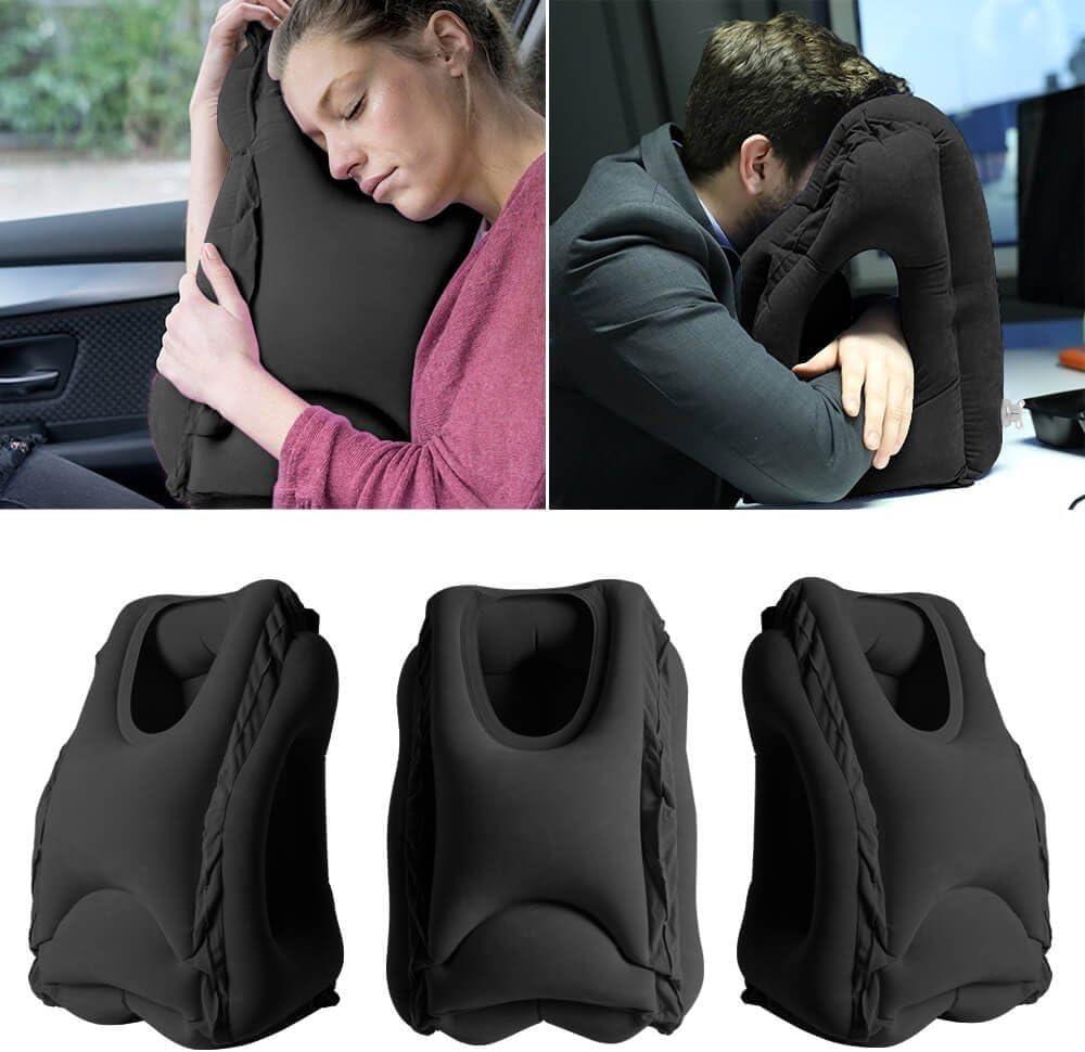 imageHOMCA Travel Pillow Portable Head Neck Rest Inflatable Pillow from Design for Airplanes Cars Buses Trains Office Napping Camping  Includes Free Eye Mask BlackBlack