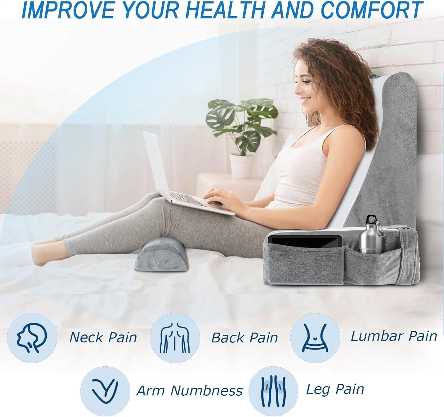 imageReading Pillow for Bed  Back Pillow for Bed Sitting Up with Arms Rest Full Support Back Rest Pillow for Adult Bed Rest Pillow for ReadingWatching TVRestingGaming GreyWhite Standard