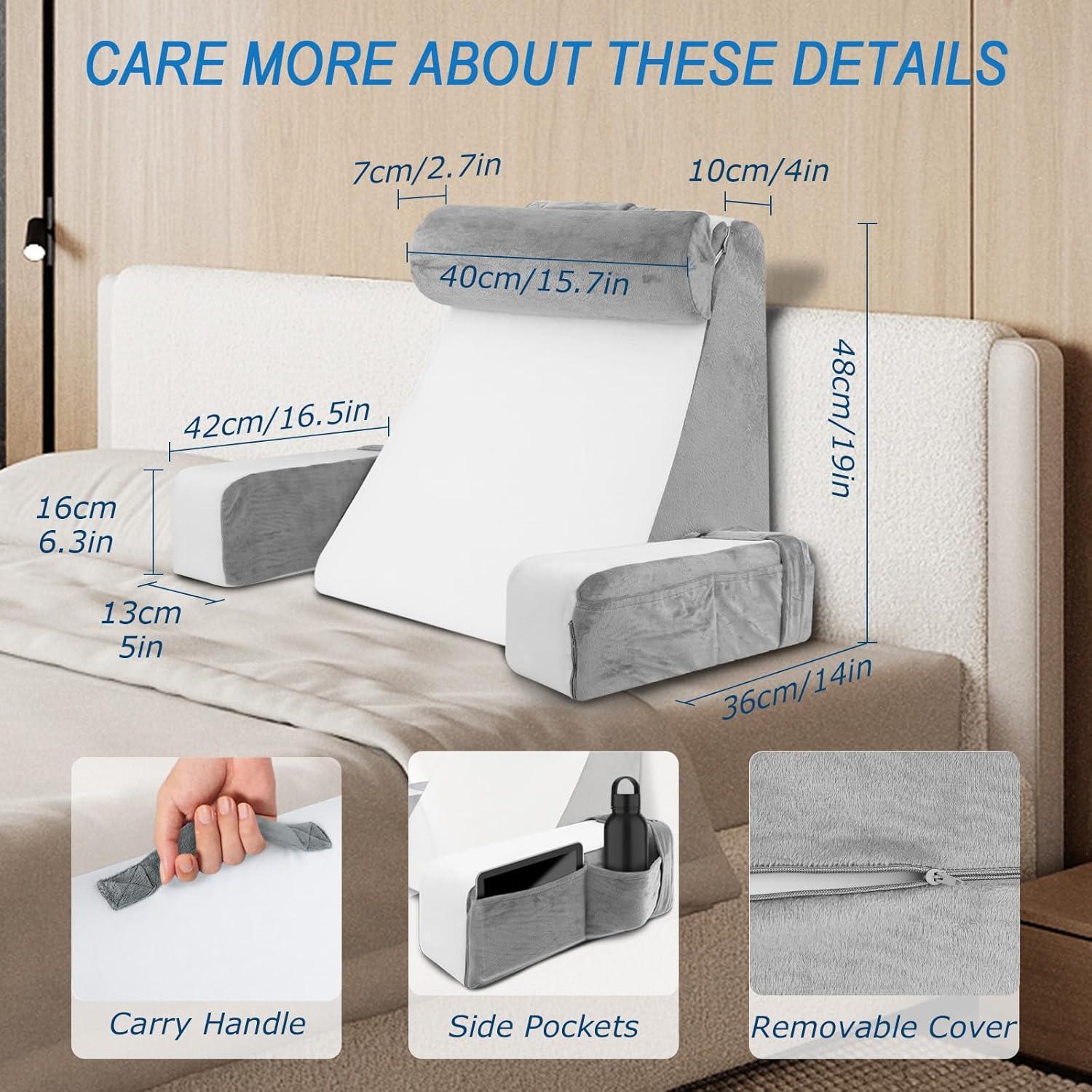 imageReading Pillow for Bed  Back Pillow for Bed Sitting Up with Arms Rest Full Support Back Rest Pillow for Adult Bed Rest Pillow for ReadingWatching TVRestingGaming GreyWhite Standard