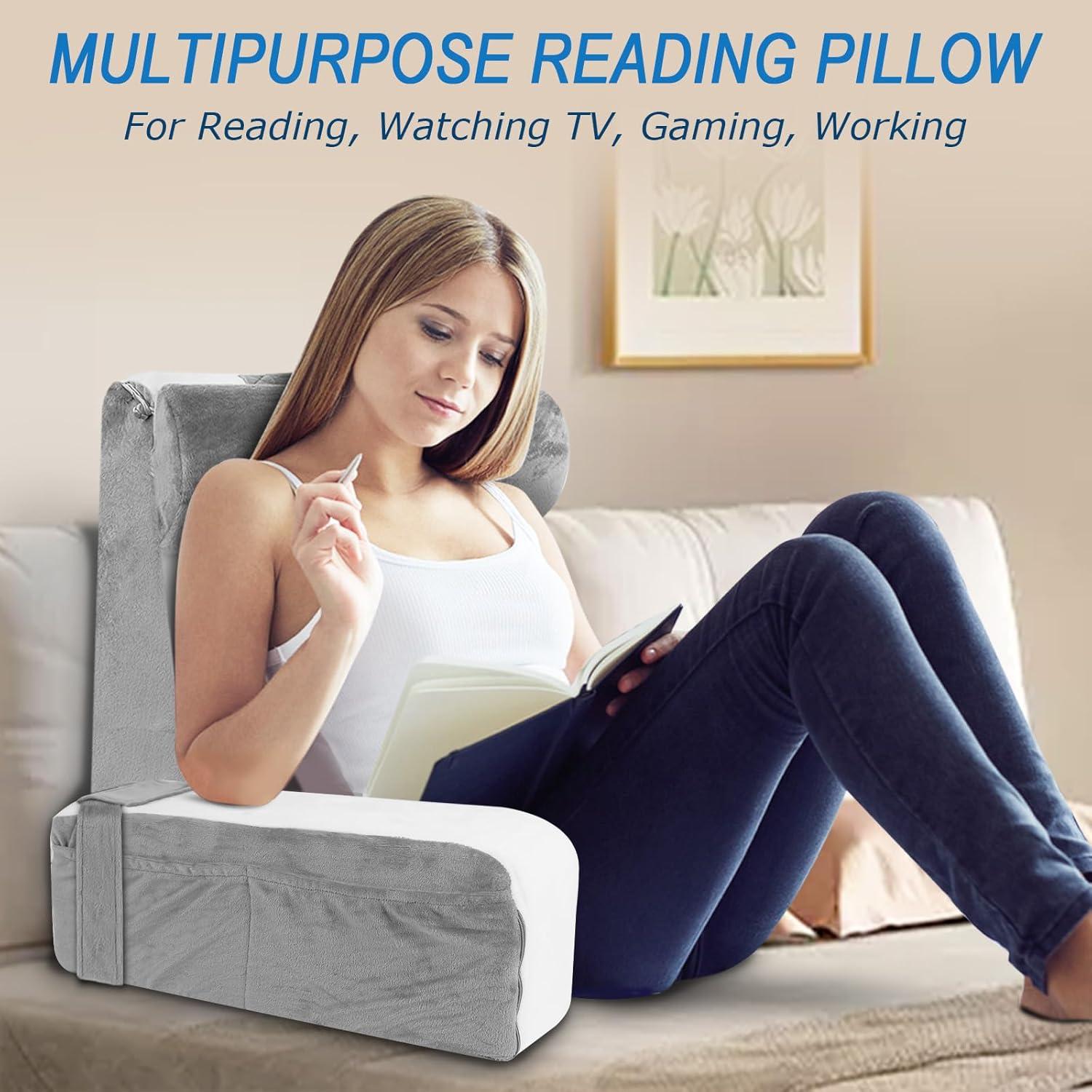 imageReading Pillow for Bed  Back Pillow for Bed Sitting Up with Arms Rest Full Support Back Rest Pillow for Adult Bed Rest Pillow for ReadingWatching TVRestingGaming GreyWhite Standard