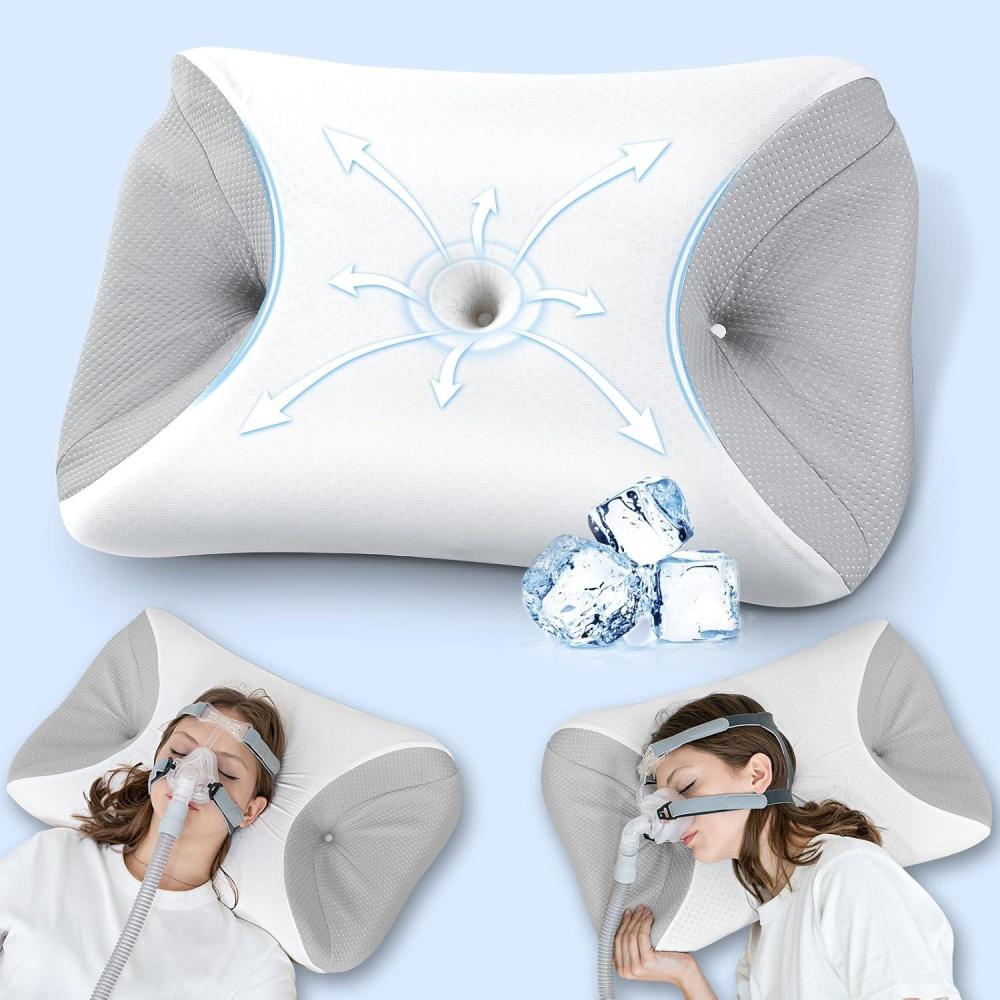 imageHOMCA CPAP Pillow for Side Sleeping Cervical Neck Pillow for All CPAP Masks Users to Reduce Air Leaks ampamp Masks Pressure Ergonomic Memory Foam Pillow Ideal for Side Back SleeperGray