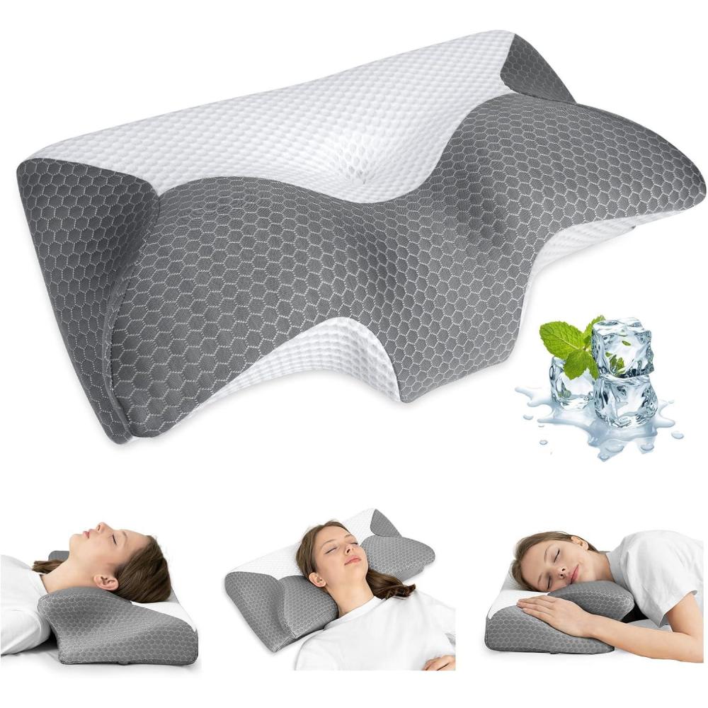 imageHOMCA Cervical Pillow Ergonomic Memory Foam Pillow for Neck and Shoulder Pain Relief with Cooling Ice Silk Pillowcase Orthopedic Neck Bed Pillow for Side Back and Stomach SleepersGrey