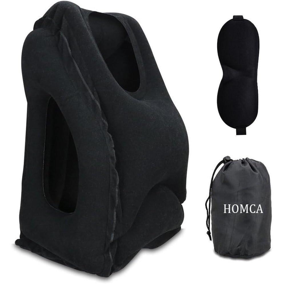 imageHOMCA Travel Pillow Portable Head Neck Rest Inflatable Pillow from Design for Airplanes Cars Buses Trains Office Napping Camping  Includes Free Eye Mask BlackBlack