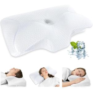 imageHOMCA Cervical Pillow Ergonomic Memory Foam Pillow for Neck and Shoulder Pain Relief with Cooling Ice Silk Pillowcase Orthopedic Neck Bed Pillow for Side Back and Stomach SleepersWhite