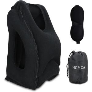 imageHOMCA Travel Pillow Portable Head Neck Rest Inflatable Pillow from Design for Airplanes Cars Buses Trains Office Napping Camping  Includes Free Eye Mask BlackBlack